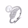 Adjustable Leaf Design Pearl & Cubic Zirconia Ring 925 Sterling Silver