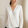 Women's White Sheer Stripe Wrap Front Blouse – V-Neck Long Sleeve Top