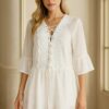 Women's Embroidered White Lace-Up Tunic Top – Boho Style Summer Blouse