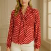 Women's Red Polka Dot Tie Neck Blouse – Long Sleeve Chiffon Top