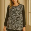 Women's Black Floral Daisy Print & Polka Dot Chiffon Long Sleeve Tunic Top