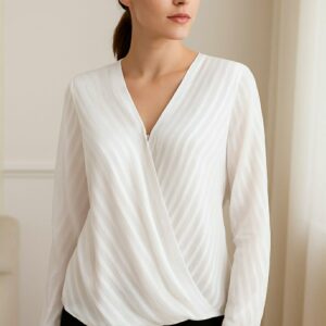 Women's White Sheer Stripe Wrap Front Blouse – V-Neck Long Sleeve Top