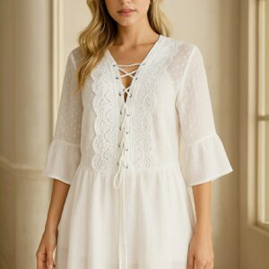 Women's Embroidered White Lace-Up Tunic Top – Boho Style Summer Blouse